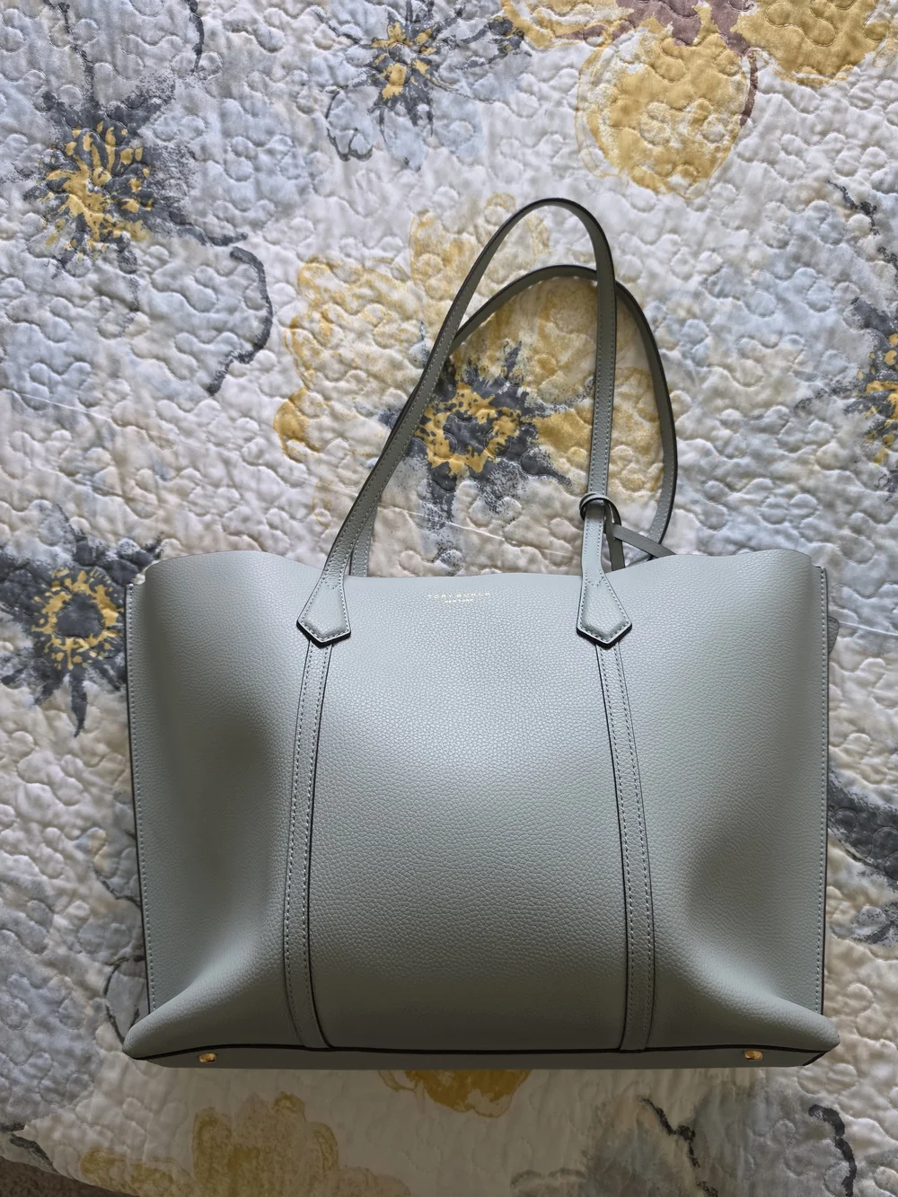 Tory Burch Perry Mint Green Leather Tote with Tan Interior and Gold Zipper